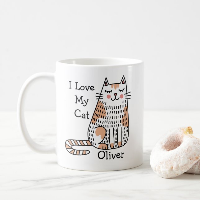 Caneca De Café Nome Personalizável do Gato de Cartoon no Estilo d (Com Donut)