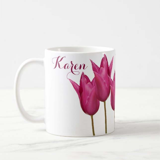 Caneca De Café Nome personalizável Karen bonito tulipas cor-de-ro (Esquerda)