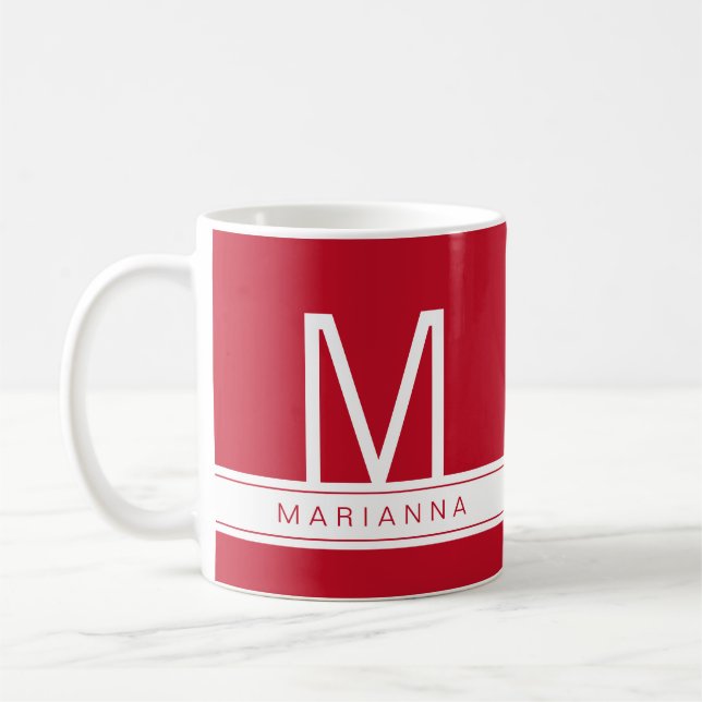 Caneca De Café Nome Vermelho Personalizado Monograma Moderno Inic (Esquerda)