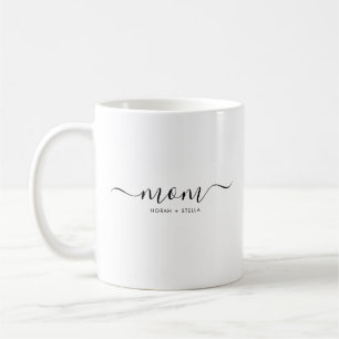 Caneca De Café Nomes de Crianças em Letra de Forma Preta para Mãe