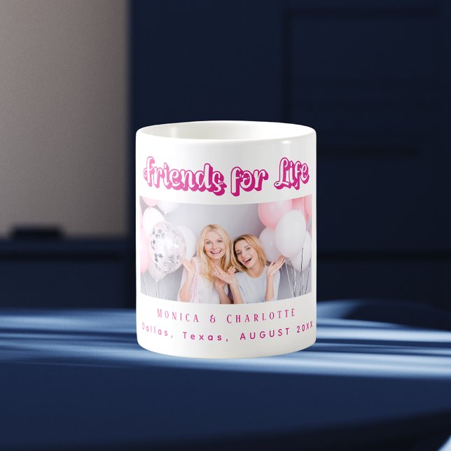 Caneca De Café Nomes de fotos dos melhores amigos rosa branco (Criador carregado)