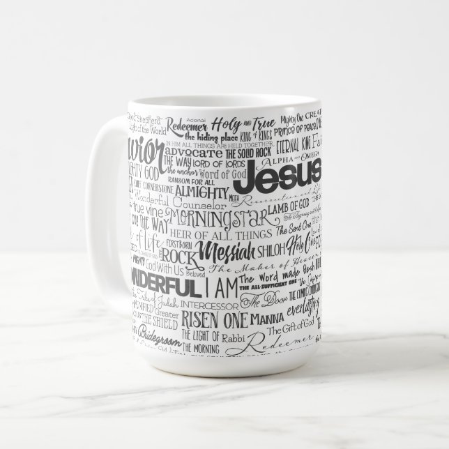 Caneca De Café Nomes Religiosos Cristãos de Deus Texto Preto Bran (Frente Esquerda)