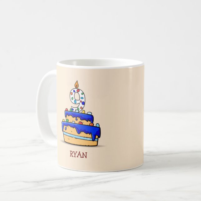 Caneca De Café Nono aniversário, 9 no Bolo Azul Doce (Frente Esquerda)