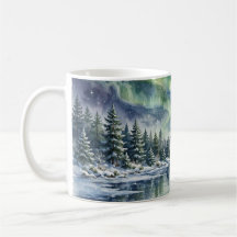 Northern Lights Winter Lake Gift Watercolor Aurora