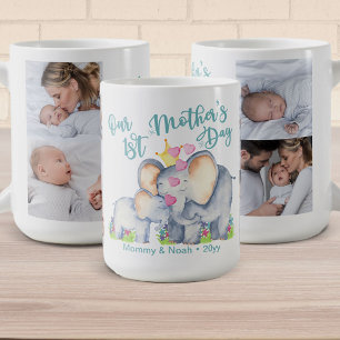 Caneca De Café Nosso Primeiro Dia das Mães Mamãe e Bebê Elefante