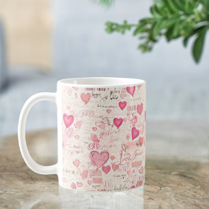Caneca De Café Notas de Amor Romântico e Corações