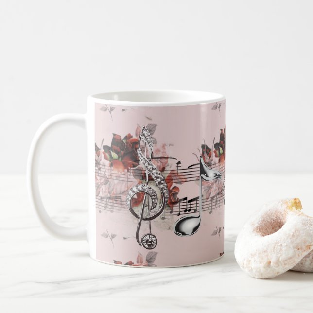 Caneca De Café Notas de prata da partitura & da música dos rosas (Com Donut)