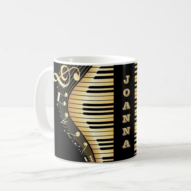 Caneca De Café Notas E Teclas Musicais Douradas E Pretas, Monogra (Frente Esquerda)