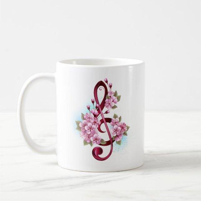 Caneca De Café Notas musicais em clave de sol com flores de Sakur (Esquerda)