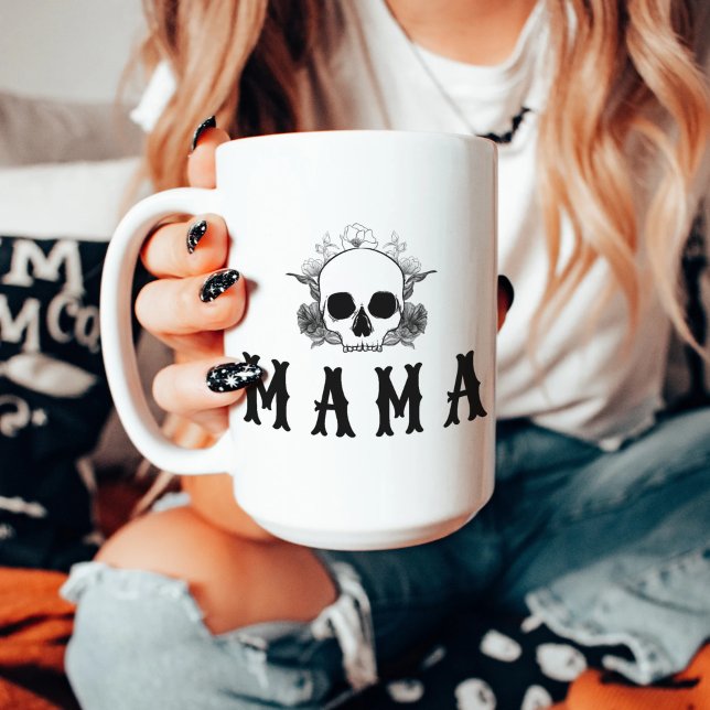 Caneca De Café NOVA Black Floral Skull Halloween Mama (Criador carregado)