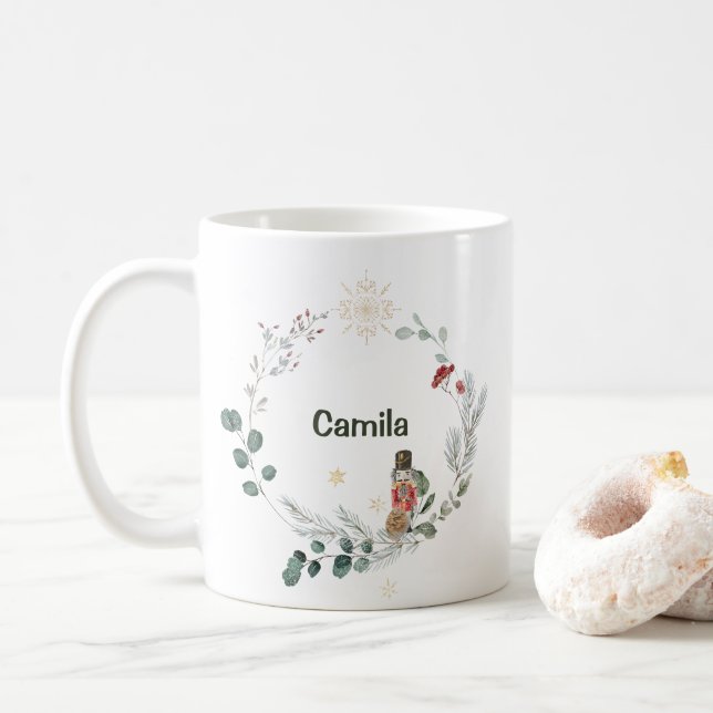 Caneca De Café Noz-cracker de aquarela botânica e fofo Natal (Com Donut)