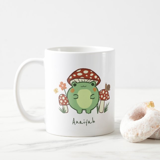 Caneca De Café Núcleo de Algodão do Sapo e Cogumelos | Nome (Com Donut)