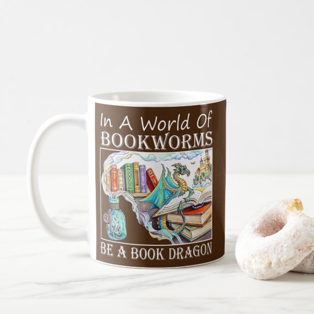 Caneca De Café Num Mundo De Bookworms Seja Um Dragão De Livro (Com Donut)