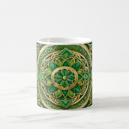 Caneca De Café Números Célticos Verdes e Dourados e Flores Estili