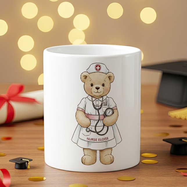 Caneca De Café Nurse Teddy Bear Mug – Custom Name Gift for Nurses (Nurse coffee mug with custom name. Appreciation gift for medical staff workers on hospital. )