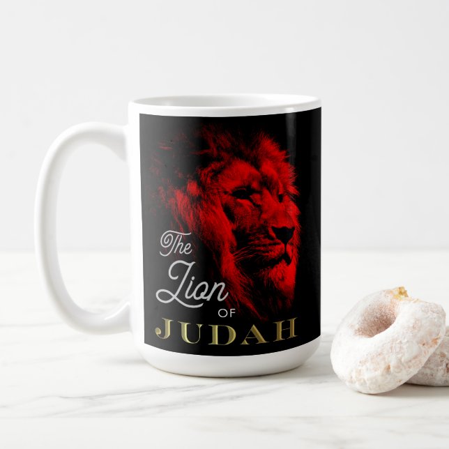 Caneca De Café O Leão de Judah Black Red Dourada Christian (Com Donut)