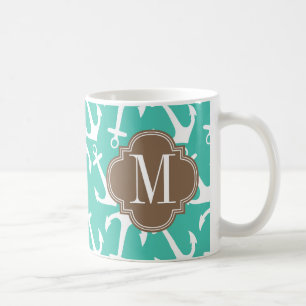 Caneca De Café O marrom náutico feminino de turquesa das âncora