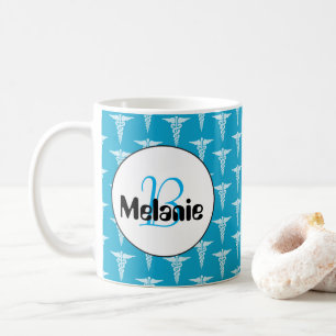 Caneca De Café O monograma branco azul do teste padrão da
