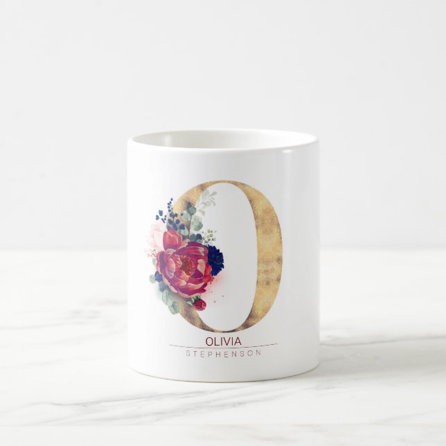 Caneca De Café O Monograma Floral Vermelho Borgonha e Marinho Azu (Centro)