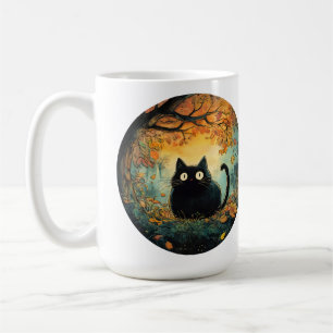 Caneca De Café O outono deixa aconchegante cair o gato preto na m