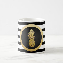Caneca De Café O preto moderno listra o abacaxi da folha Dourado