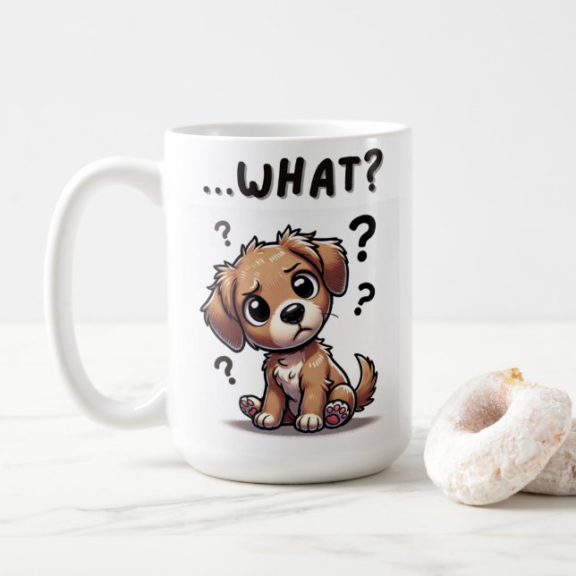 Caneca De Café "...o quê?" Puppy com cartoon confundida (Com Donut)