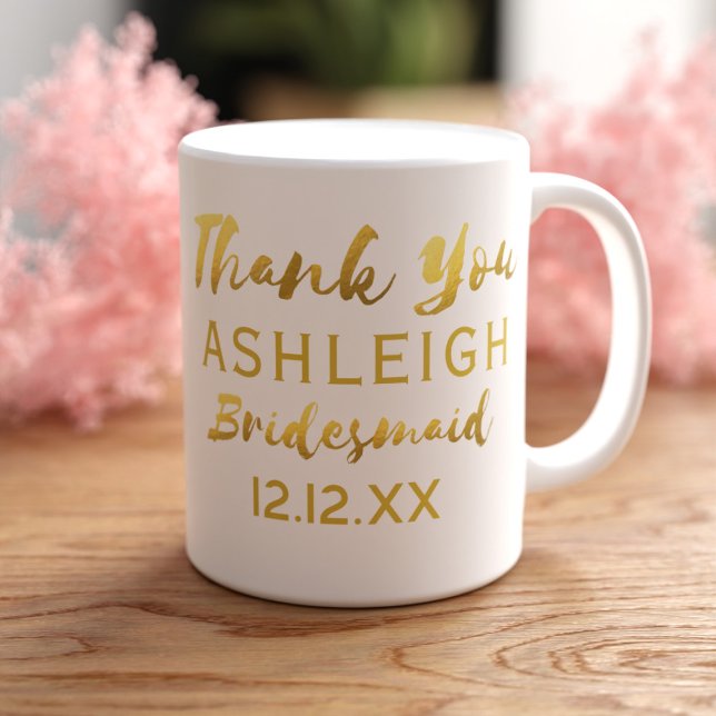 Caneca De Café Obrigada Dama de Honra Rótulo Moderno com Folha de (A perfect gift for your Bridesmaid. Just add her name and your wedding date)