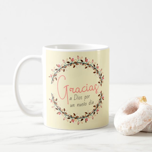 Caneca De Café Obrigado Tipografia Leaf Wreath Gracias Modelo (Com Donut)