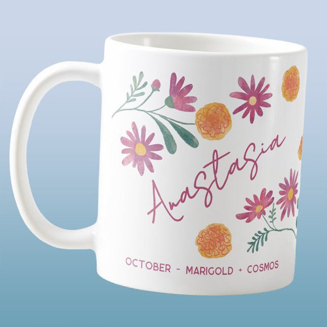 Caneca De Café October Birth Flower Custom Name Marigold Cosmos (October birth month flower personalized custom name marigold cosmos coffee mug gift)