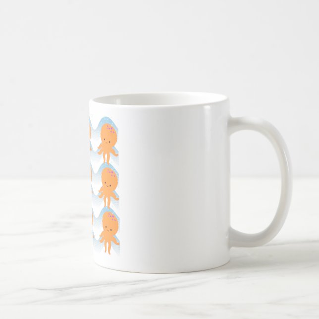 Caneca De Café Octopus Laranja E Padrão De Ondas Azuis (Direita)