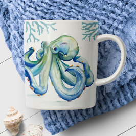 Caneca De Café Octopus Watercolor Beach de Azul Costeiro