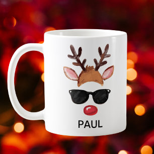 Caneca De Café Óculos de sol de rena legais Natal Nome personaliz
