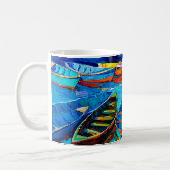 Caneca De Café  oil painting of boats and sea on canvas. Sunset o (Esquerda)