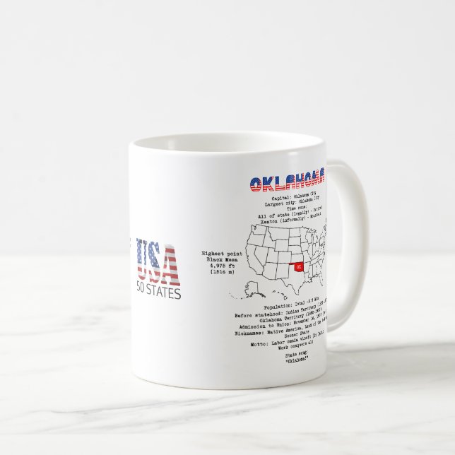 Caneca De Café Oklahoma estado americano em um mapa e informações (Frente Esquerda)