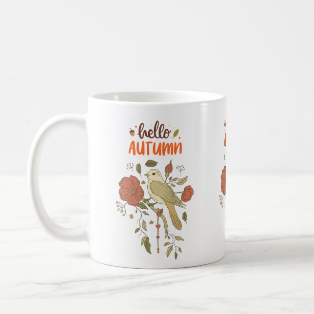 Caneca De Café Olá, Ave de outono e Flores (Esquerda)