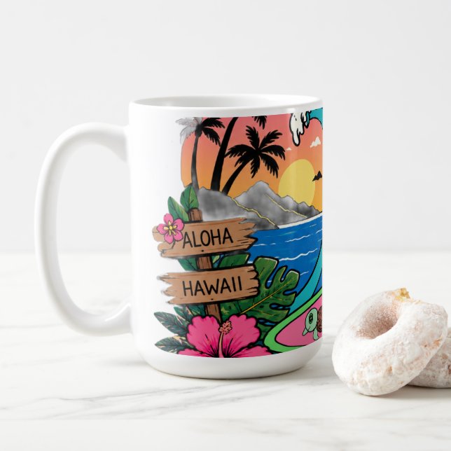 Caneca De Café Olá Gato Ensolarado Ondas (Com Donut)