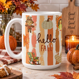 Caneca De Café Olá Outono Patchwork Rústico Folhas Laranjas Listr
