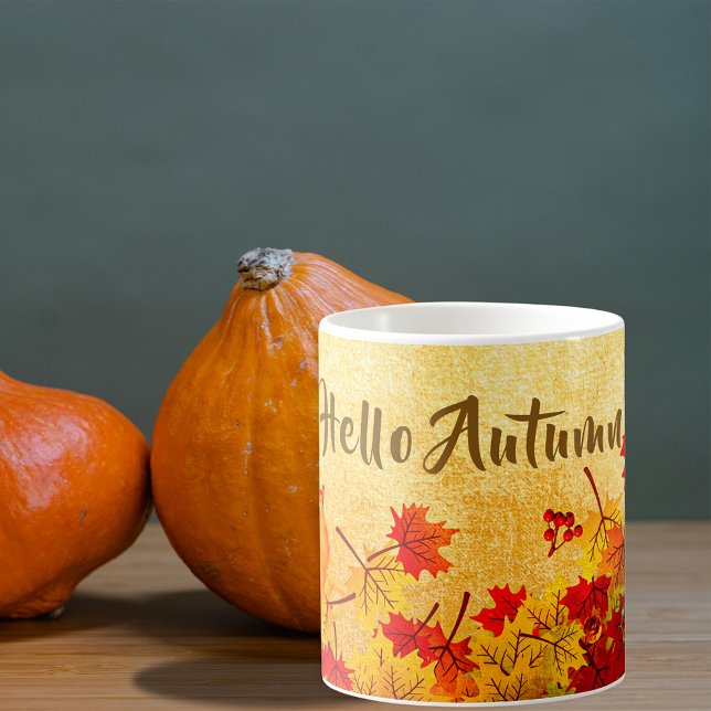 Caneca De Café Olá Outono Rústico Vermelho Laranja Folhas Papel A (Criador carregado)