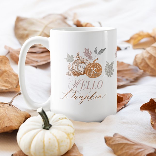 Caneca De Café Olá Pumpkin Festivo Outono Fora Deixa Monograma (Hello Pumpkin Festive Autumn Fall Leaves Monogram Coffee Mug)