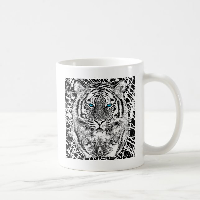 Caneca De Café Olhos Azuis Preto e Branco face de Tigre selvagem (Direita)
