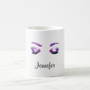Caneca De Café Olhos Roxos Glamourosos e Sobrancelhas Aquarela 