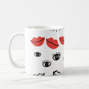 Caneca De Café Olhos vítreos, padrão de lábios vermelhos.