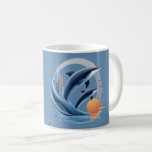 Caneca De Café Onda de Golfinho Moderna – Arte Oceânica Futurista