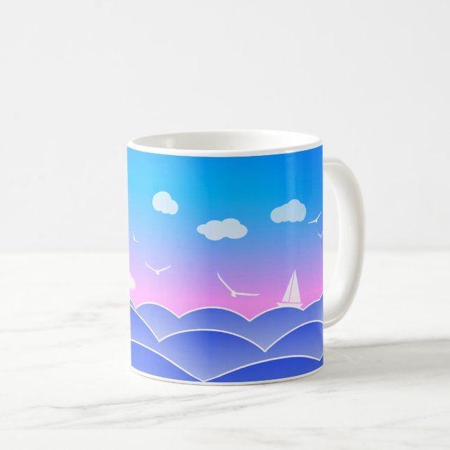 Caneca De Café Ondas azuis, veleiro, gaivotas, escape (Frente Esquerda)