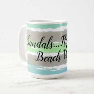 Caneca De Café Ondas de Praia Cinza Verde Azul Listras Aquarela