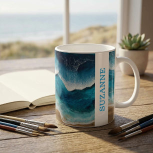 Caneca De Café Ondas de Resina Azul Olhar Praia