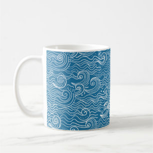 Caneca De Café Ondas de Verão Azul e Branco