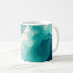 Caneca De Café Ondas Fluídas Verde-Azul e Branco Abstratas