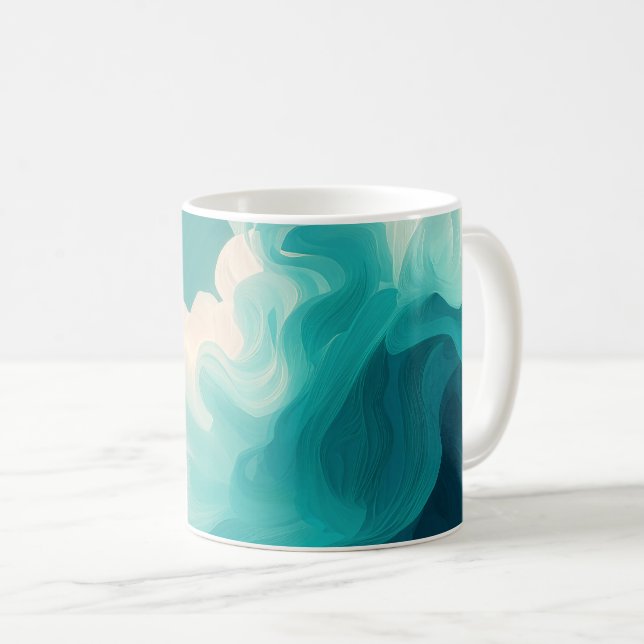 Caneca De Café Ondas Fluídas Verde-Azul e Branco Abstratas (Frente Esquerda)