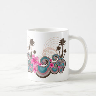 Caneca De Café Ondas Tropicais Rosa Quente Hibiscus Beach Palm Tr